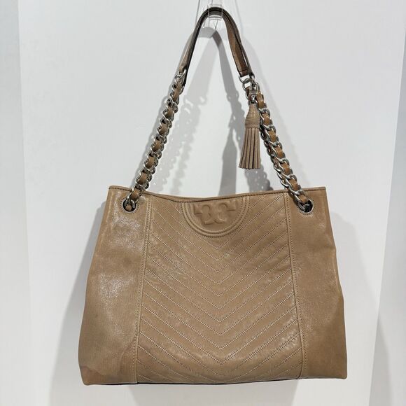 Tory Burch Taupe Distressed Leather Fleming Tote / leather shoulder bag - Picture 2 of 16